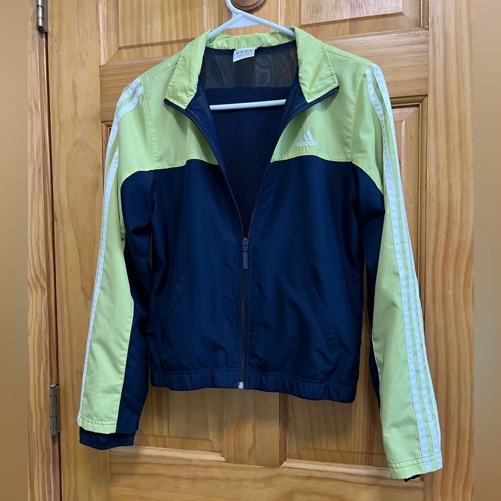 Vintage Adidas youth large navy and light green zip up jacket